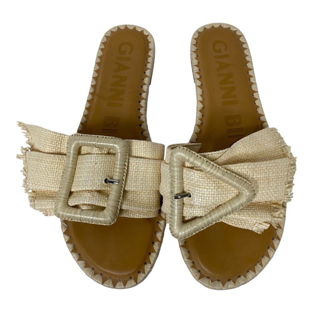 Gianni Bini Women's Jaxson Raffia Mismatched Buckle Sandals Flats Beige 8.5M